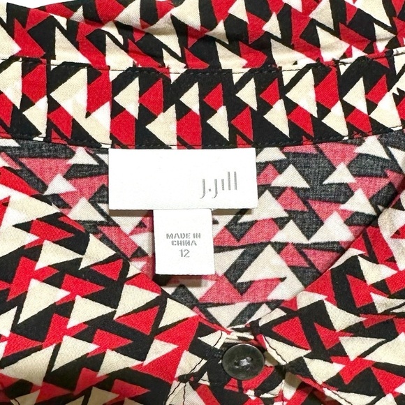 J. Jill Midi Womens Mod Print Navy Red Shirt Dress  Size 12 Tab Sleeves Collared - Picture 2 of 13